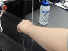 Student rinsing arm with water